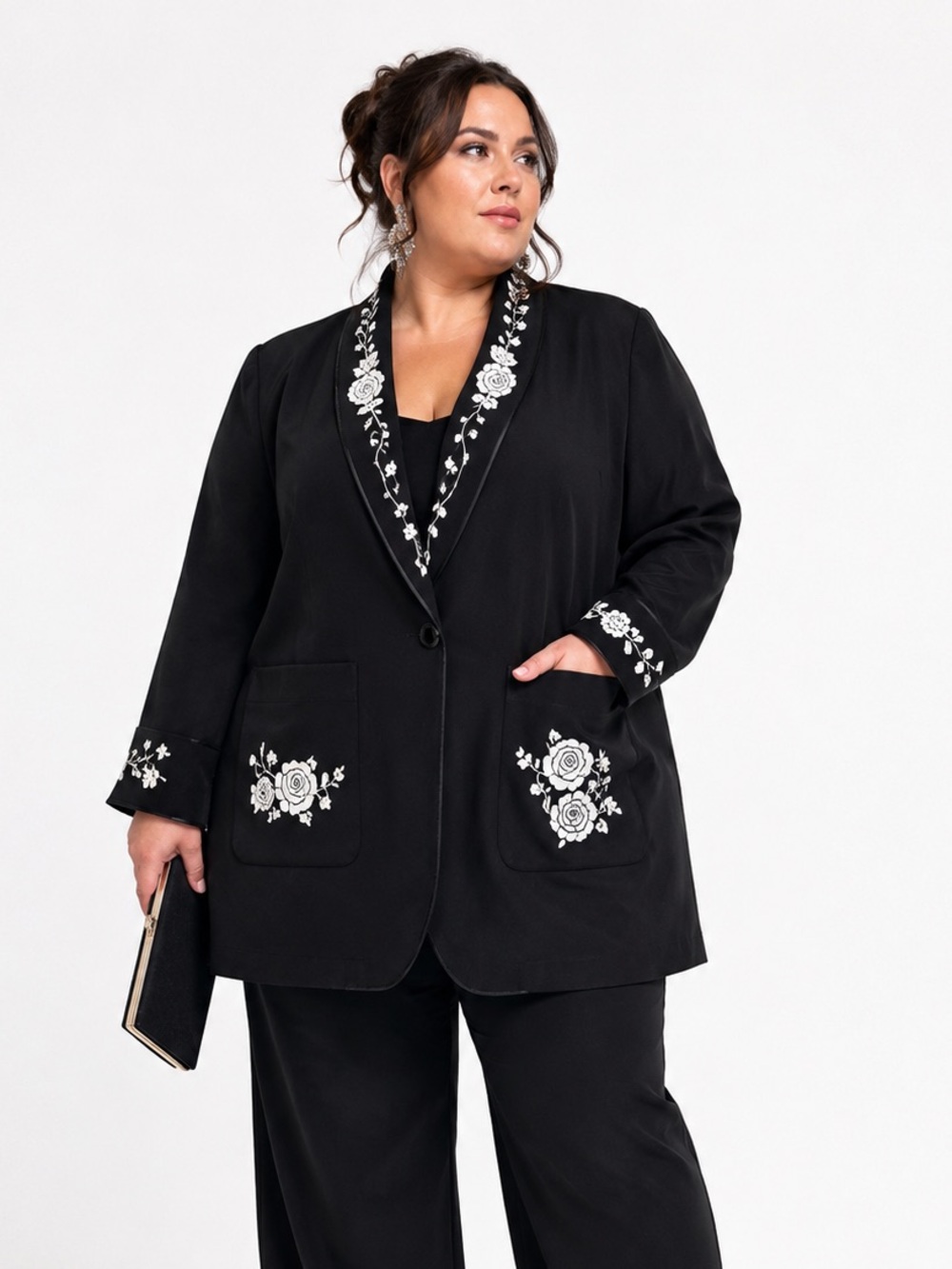 Vtg Adrienne Landau Black Embroidered Blazer Jacket Plus Size 3X Floral Shawl